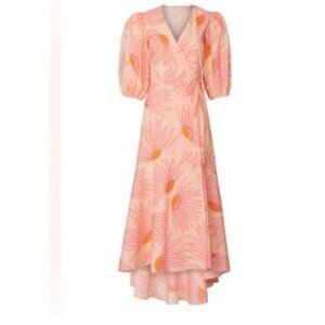 Kate Spade Midi Wrap Dress 10 Pink Yellow Grand Daisy Cotton Puff Sleeve NEW